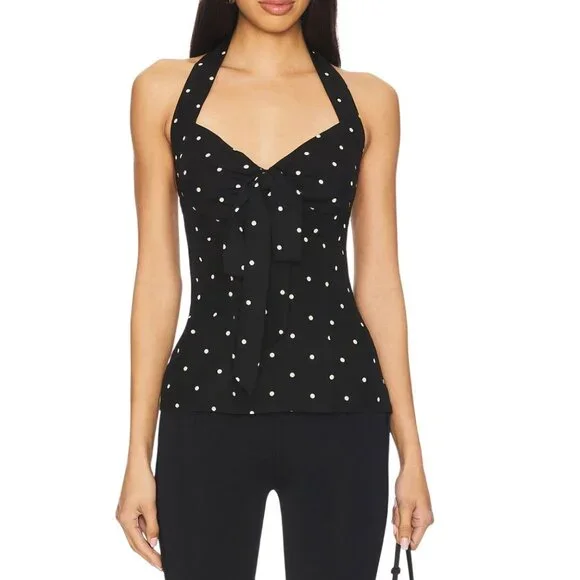 LPA Romi Halter Top Revolve Black Cream Polka Dot Knot Front Backless Peplum NWT - Picture 2 of 9